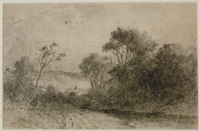Landschaft mit Dächern hinter Bäumen (#49) ca. 1880er (Graphit auf Papier) von Edward Mitchell Bannister