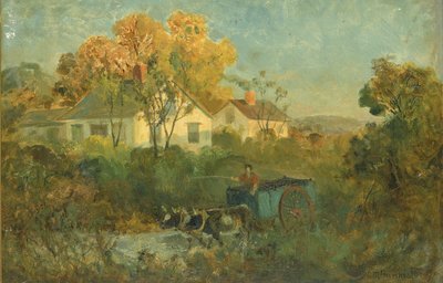 Der Trinkteich, Mann im Wagen mit Ochsen am Teich, 1895 von Edward Mitchell Bannister