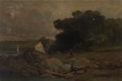 Ohne Titel (Landschaft mit Felsen, Mann und Segelbooten) von Edward Mitchell Bannister