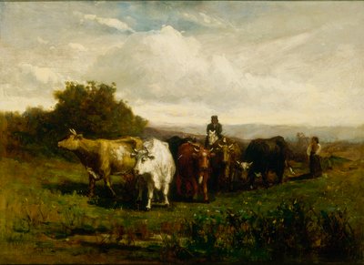 Ohne Titel (Mann zu Pferd, Frau zu Fuß treibt Vieh) von Edward Mitchell Bannister