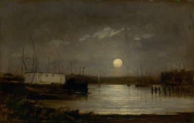 Ohne Titel (Mond über einem Hafen, Hafenszene mit Vollmond und Masten von Booten) von Edward Mitchell Bannister