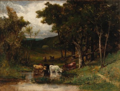 Unbetitelte Landschaft mit Kühen im Bach nahe Bäumen von Edward Mitchell Bannister