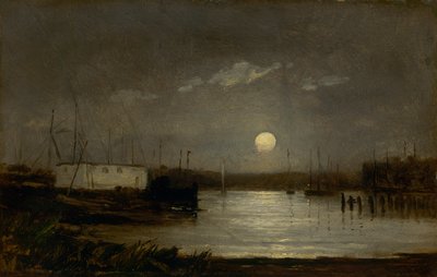 Mond über einem Hafen, Hafenszene mit Vollmond und Bootsmasten, ca. 1868 von Edward Mitchell Bannister