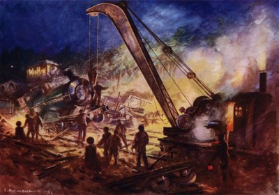 Kran entfernt Wrackteile von der Unfallstelle eines Eisenbahnunfalls von Edward Parick Kinsella