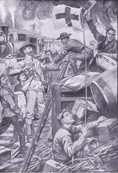 Falsche Sanitäter zerstören Vorräte bei Komati Foort unter dem Schutz der Rotkreuzflagge, Illustration aus After Pretoria: The Guerilla War, 1902 von Edward Read