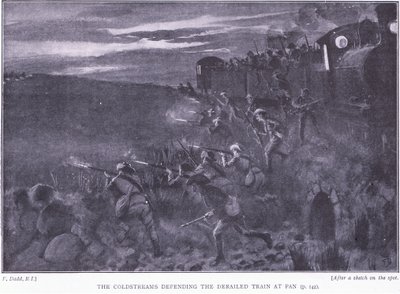 Die Coldstreams verteidigen einen entgleisten Zug, Illustration aus After Pretoria: The Guerilla War, 1902 von Edward Read