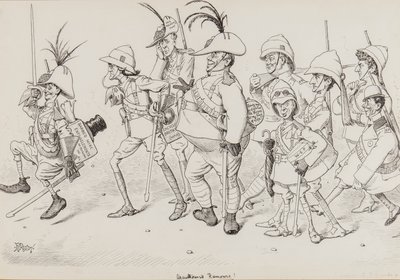 Dan Leons Leichte Kavallerie, einschließlich Karikaturen von Henry Irving, Beerbohm Tree, R.B., W.S. Penley, Forbes Robertson und E.P., für Punch, November 1902 von Edward Tennyson Reed