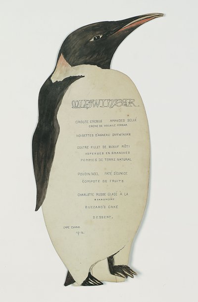 Menü in Form eines Kaiserpinguins, für das Mittwinter-Dinner, Cape Evans, 22. Juni 1912 von Edward W. Nelson