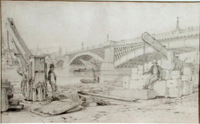 Ansicht der Southwark Bridge und der Themse von Bankside, mit zwei Kränen im Vordergrund von Edward William Cooke