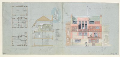 Vorderansicht und Schnitt für Haus und Studio für Frank Miles, Tite Street, Chelsea, 1878-79 von Edward William Godwin