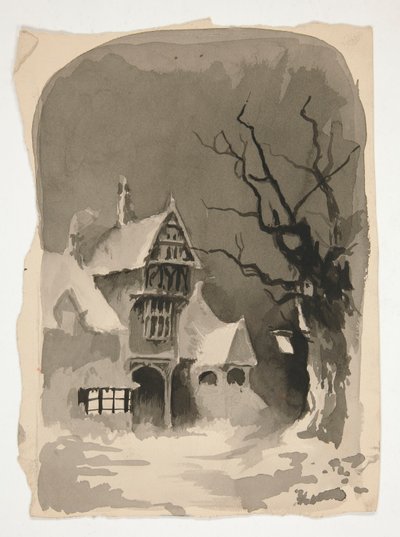 Eine Winterszene: Haus im Schnee (recto); Verschiedene Figurenstudien (verso) von Edwin Austin Abbey