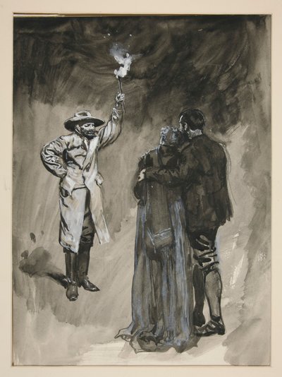 Paar auf der Straße von einem Mann mit Fackel konfrontiert - nicht identifizierte Illustration von Edwin Austin Abbey