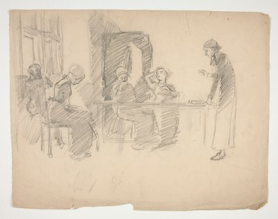 Frühe Studie für Stony Ground 1884, Innenraum mit Figuren von Edwin Austin Abbey