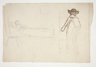 Figur im Bett, Mann betritt Raum - nicht identifizierte Illustration von Edwin Austin Abbey