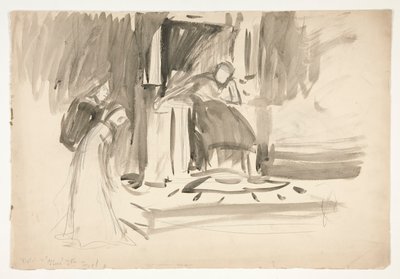 Figur auf dem Thron, flankiert von zwei Figuren, Skizze für ein unbekanntes Shakespeare-Stück von Edwin Austin Abbey