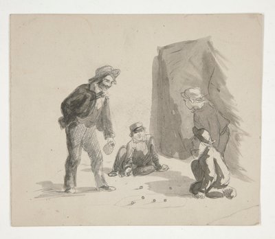 Vier Jungen spielen Murmeln (recto); Unidentifizierte Illustration eines Jungen am Staffelei im Innenraum (verso) von Edwin Austin Abbey
