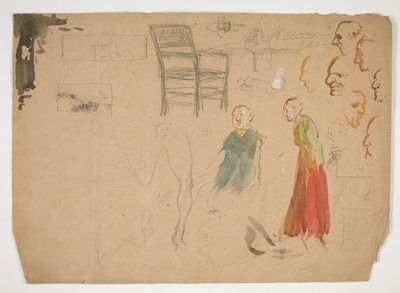 Kopf- und Figurenstudien, und Studie eines Stuhls (recto); Skizzen für Buchillustrationen (verso) von Edwin Austin Abbey