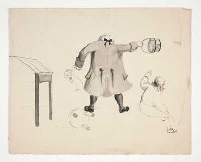 Mann schwingt Eimer auf zwei Jungen (recto); Zwei Männer hinter einer Mauer (verso) von Edwin Austin Abbey