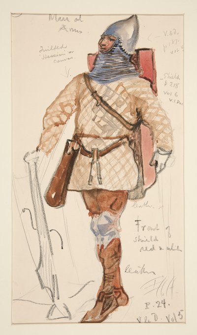 Bewaffneter Mann, Kostümskizze für Henry Irving von Edwin Austin Abbey