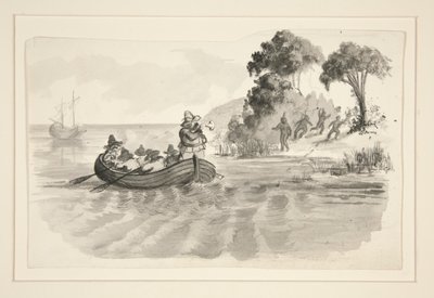 Männer in einem Ruderboot fliehen vor Indianern am Ufer - nicht identifizierte Illustration (Kolumbus entdeckt die Neue Welt?) - Entdecker landen in der Neuen Welt von Edwin Austin Abbey