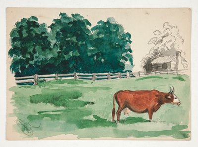 Weidelandschaft mit Kuh im Vordergrund von Edwin Austin Abbey