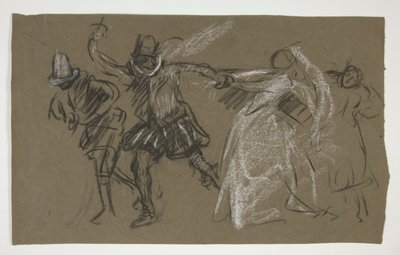 Petruchio zieht Katharina, aus Der Widerspenstigen Zähmung (recto); Skizze einer sitzenden Figur (verso) von Edwin Austin Abbey