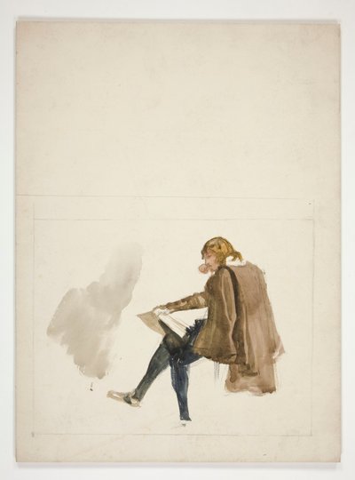 Sitzender junger Mann im braunen Mantel, lesend - nicht identifizierte Illustration von Edwin Austin Abbey