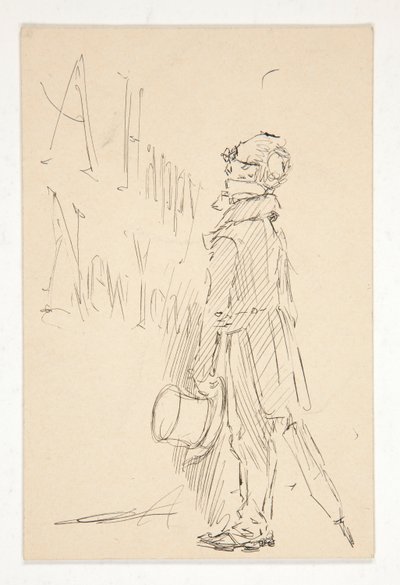 Skizze für eine Grußkarte: Ein glückliches neues Jahr; Studie eines Mannes, der ein Schild liest von Edwin Austin Abbey