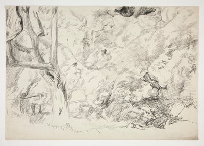 Skizze einer Landschaft mit Baum, Zaun und weiblicher Figur von Edwin Austin Abbey