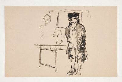 Skizze eines Mannes in Revolutionskleidung neben einem Tisch von Edwin Austin Abbey