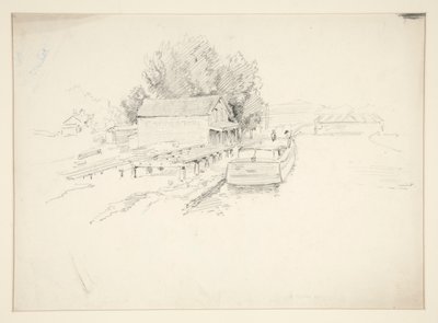 Skizze eines Piers mit Fischerboot und Hafenspeicher von Edwin Austin Abbey