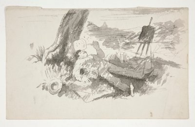 Skizze eines Freiluftmalers, der unter einem Baum ein Nickerchen macht - nicht identifizierte Illustration von Edwin Austin Abbey