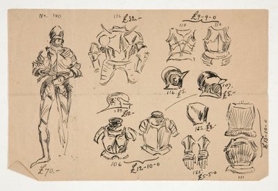 Skizzen von Rüstungen, mit Preisen in britischen Pfund unter jedem Artikel von Edwin Austin Abbey