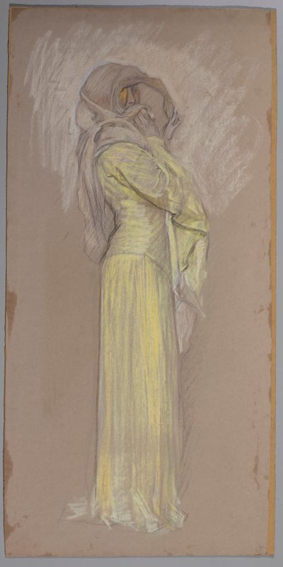 Studie, Frau im gelben Kleid mit braunem Schleier über dem Gesicht von Edwin Austin Abbey