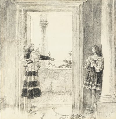 Der Herzog vertreibt Valentin, aus Akt III, Szene i, Zwei Herren aus Verona von Edwin Austin Abbey