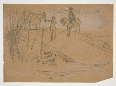 Zwei Männer und zwei Pferde in einer Landschaft - nicht identifizierte Illustration von Edwin Austin Abbey