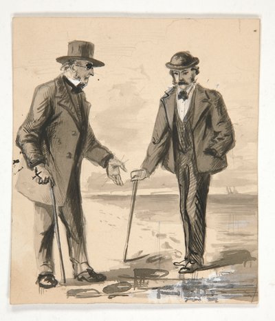 Zwei Männer im Gespräch am Meeresufer - nicht identifizierte Illustration von Edwin Austin Abbey