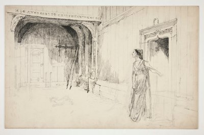 Frau und Hund in einem Innenraum (unidentifizierte Illustration für ein Stück?) von Edwin Austin Abbey
