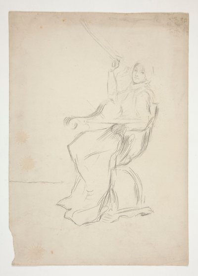 Frau sitzt auf einem Stuhl (recto); Zwei nicht identifizierte architektonische Skizzen (verso) von Edwin Austin Abbey