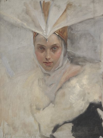 Frau mit Fischadler-Kopfschmuck und weißem Pelzkragen von Edwin Austin Abbey