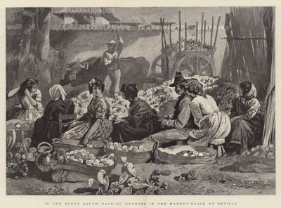 Im sonnigen Süden, Orangenverpackung auf dem Marktplatz in Sevilla von Edwin Buckman
