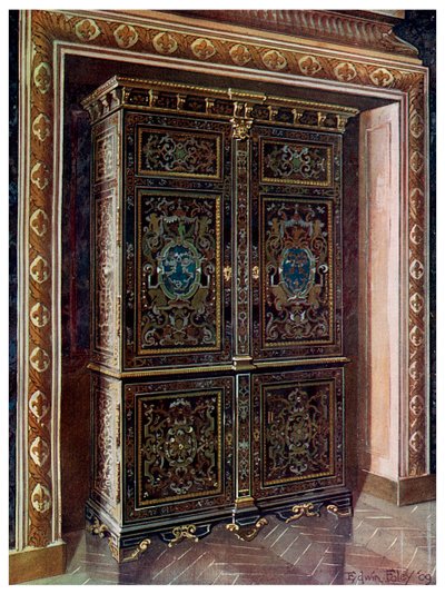 Schrank aus Ebenholz mit Einlagen aus graviertem Messing und Weißmetall von Edwin Foley