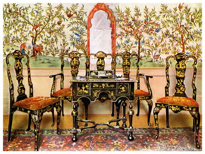 Schwarzes Lacksofa, Stühle und Tisch und roter Lackspiegel, 1910 von Edwin Foley