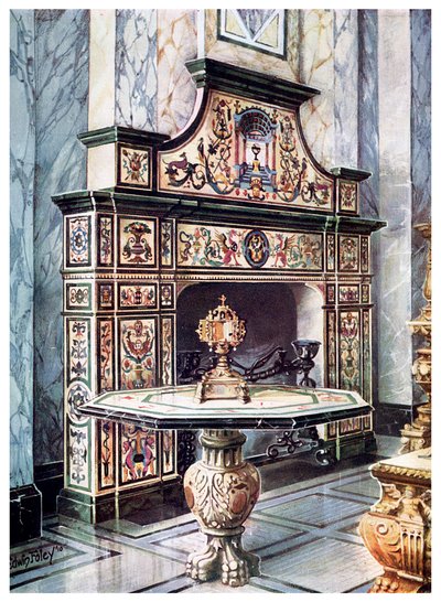 Kamin und Tisch in farbiger Florentiner Mosaik, 1910 von Edwin Foley