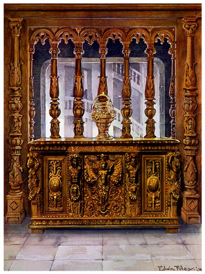 Henry II geschnitzte Truhe oder Bahut und Eichenholzschirm derselben französischen Periode, 1910 von Edwin Foley