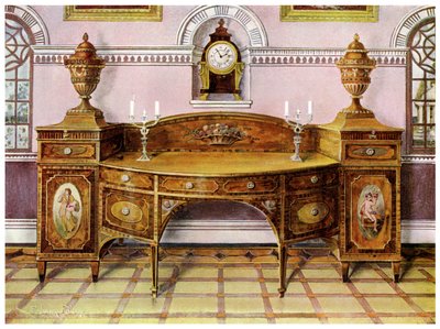 Bemalter und eingelegter Satinholz-Sideboard und Mahagoni-Konsolenuhr, 1911-1912 von Edwin Foley