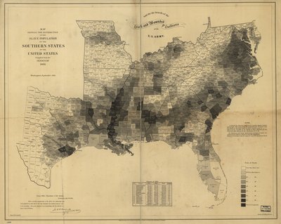 Karte, die die Verteilung der Sklavenbevölkerung der Südstaaten der Vereinigten Staaten zeigt, zusammengestellt aus der Volkszählung von 1860 von Edwin Hergesheimer