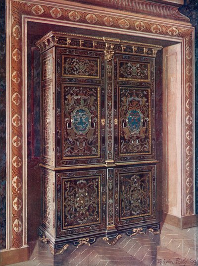 Schrank aus Ebenholz mit Einlagen aus graviertem Messing und Weißmetall. Vergoldete Bronzeverzierungen. Das königliche Monogramm von L