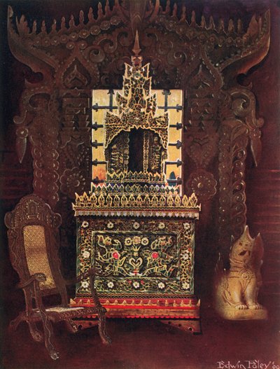 Asiatische Möbel aus der Sammlung von Lord Curzon von Kedleston, G.C.S.I., D.C.L., etc. Burmesisches geschnitztes und vergoldetes Türportal aus Mandalay. Buddhistische Manuskriptbox (Poongyi) und Schrein (Sadaik) aus Holz von Edwin John Foley