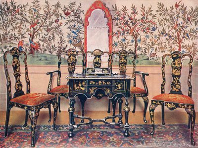Schwarzer Lack-Sofa, Stühle und Tisch, roter Lack-Spiegel. Tapete in Wotton-under-Edge von Edwin John Foley